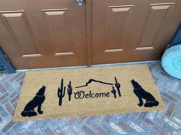 double wide outdoor coir doormat with howling wolves and a southwest desert desi