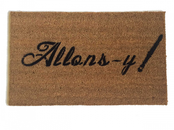 coir outdoor doormat reading allons-y with a sonic from doctor who