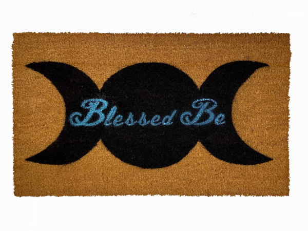 coir sustainable doormat with WICCAN  Moon and words Blessed beimage on it