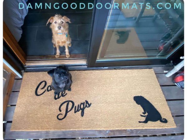 DOUBLEWIDE Casa de Pugs sustainable coir doormat with little black pug and terri
