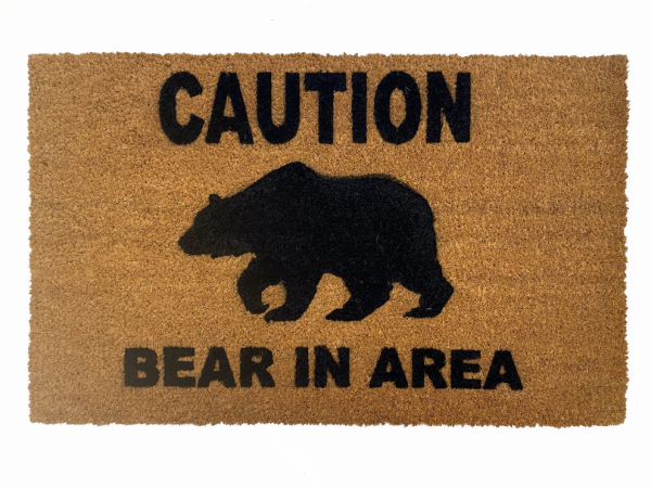 coir outdoor doormat with CAUTION! Bear in area! written on it