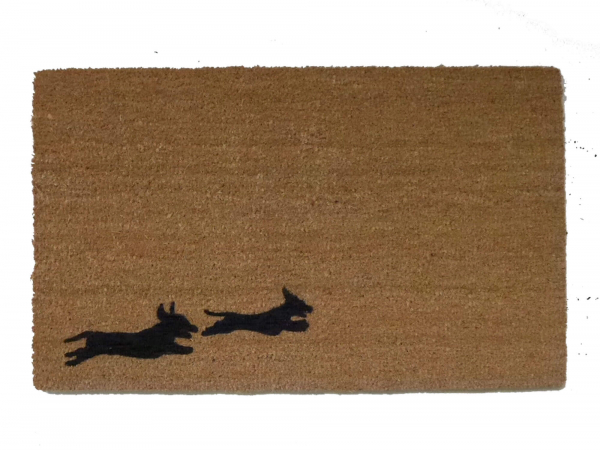 outdoor coir doormat with running weiner daschund dogs painted on it
