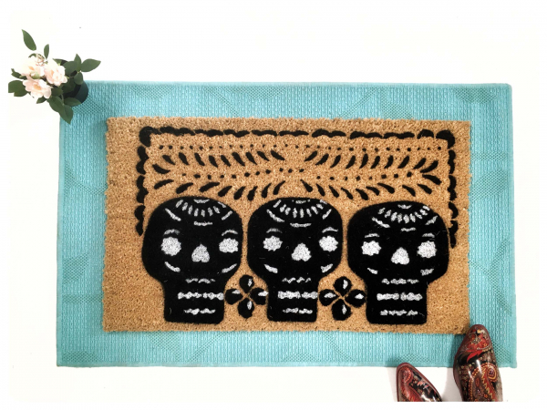 Halloween sugar skulls Mexican Papel Picado Day of the Dead doormat1