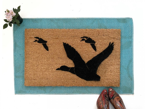 Migratory ducks in flight doormat, fall porch decor, outdoor Damn good doormats