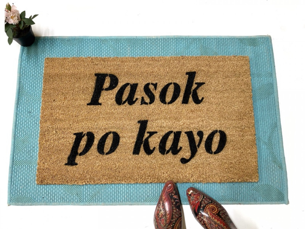Filipino Pasok po kayo welcome coir doormat photo with paisley boots