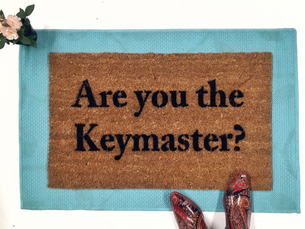 outdoor coir doormat "are you the gatekeeper" on blue layering rug