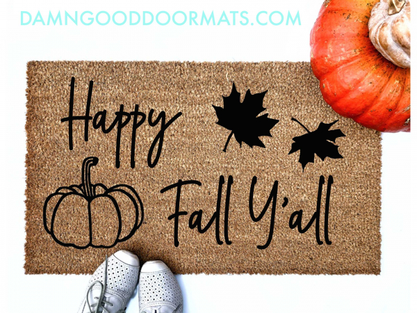 lifestyle Happy Fall Y'all Pumpkin Falling leaves coir outdoor Doormat with shoe