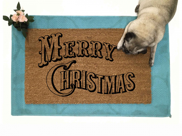 promo picture of a doormat reading Merry Christmas in old fashioned lettering