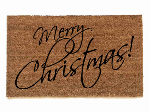 merry christmas in cursive ona. outdoor coir doormat