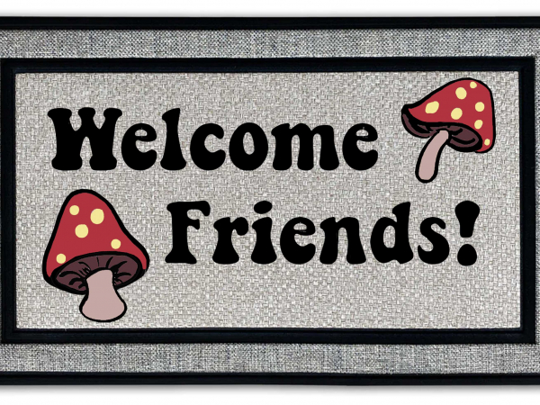 Welcome Friends psychedelic mushroom all weather doormat, recycled rubber backin
