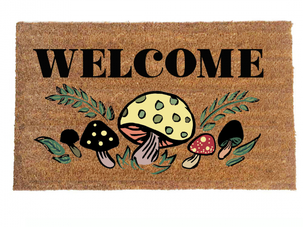 photo of coir outside door mat with vintage 70s groovy mushroom design Welcome
