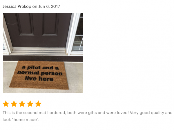 5 star review for damn good doormats a PILOT and a normal person live here