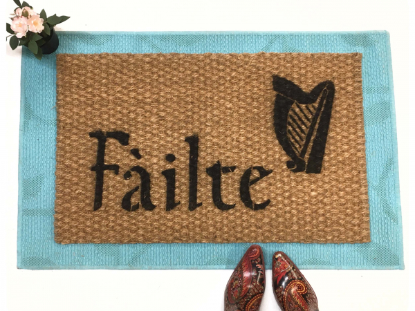 Scottish Fáilte and thistle or Irish Harp doormat
