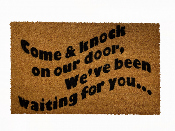outdoor coir doormat reading Come and knock on our door, and waiting for you
