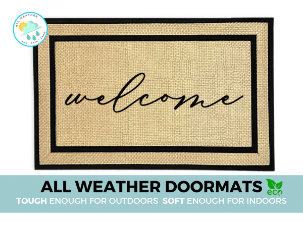 handwritten cursive welcome on an all weather doormat