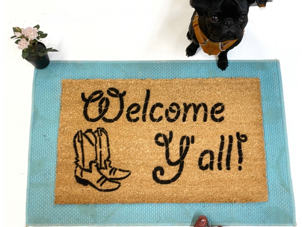 Welcome Y'all doormat with cowboy boots