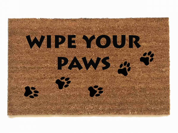 sustainable coir doormat with dog paw prints reading "wipe your paws"