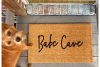 photo of an outdoor coir doormat reading "Babe Cave" with a red rescue terrier d