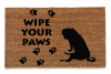 sustainable coir doormat with pug portrait, paw prints reading "wipe your paws"