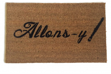 coir outdoor doormat reading allons-y with a sonic from doctor who