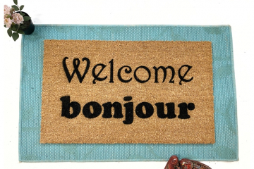 Bilingual English French bonjour welcome coir mat damn good doormat