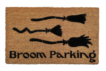 coir outdoor Halloween doormat "Broom Parking" with 3 witches brooms sihouetted
