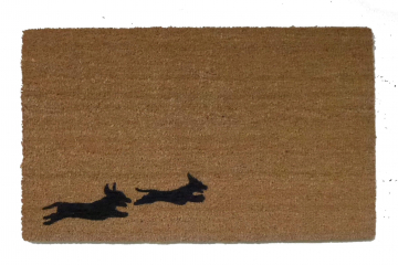 outdoor coir doormat with running weiner daschund dogs painted on it