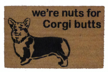 coir outdoor doormat with a welsh corgi drawing saying were nuts for corgi butts