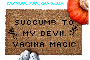 outdoor coir doormat reading Succumb to my Devil's vagina in Crosstitch