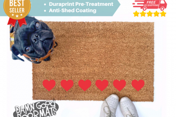 cute row of red hearts Valentine's Day doormat shown with a little black pug