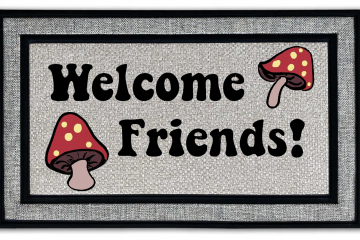 Welcome Friends psychedelic mushroom all weather doormat, recycled rubber backin