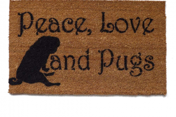 outdoor coir doormat with black pug and words Peace Love & Pugs