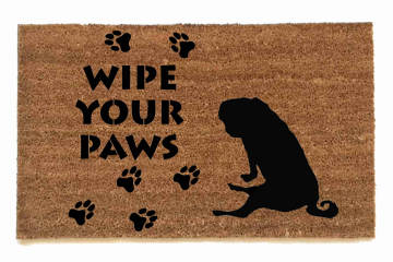 sustainable coir doormat with pug portrait, paw prints reading "wipe your paws"