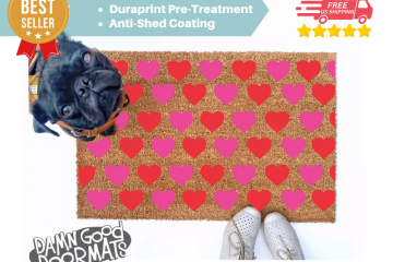 cute pink pattern hearts Valentine's Day doormat shown with a little black pug