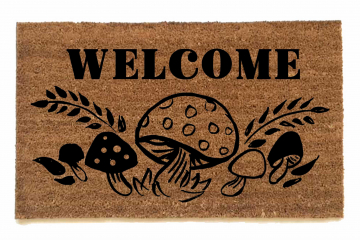 photo of coir outside door mat with vintage 70s groovy mushroom design Welcome