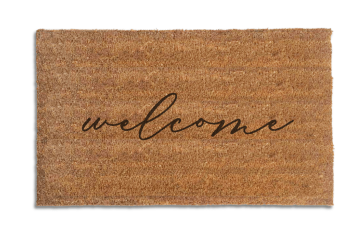 handwritten cursive welcome on a natural coir doormat