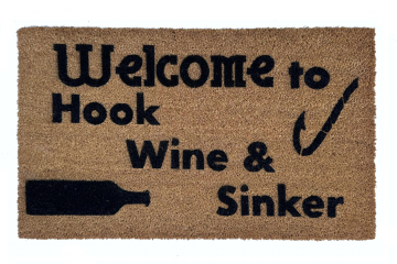 Hook, Line, Sinker fisherman's  doormat witha wine bottle and fishing hook