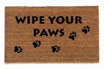 sustainable coir doormat with dog paw prints reading "wipe your paws"