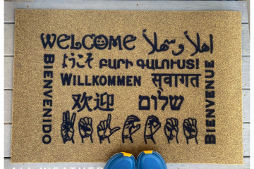 FLOCKED ALL WEATHER Welcome in all languages multi lingual doormat