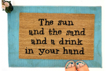 Sun sand drink in hand funny beach house doormat