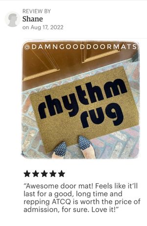 5star review of a damn good doormat reading Rhythm rug