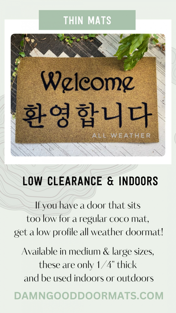 picture of a low profile, all weather doormat reading "welcome" in english and korean