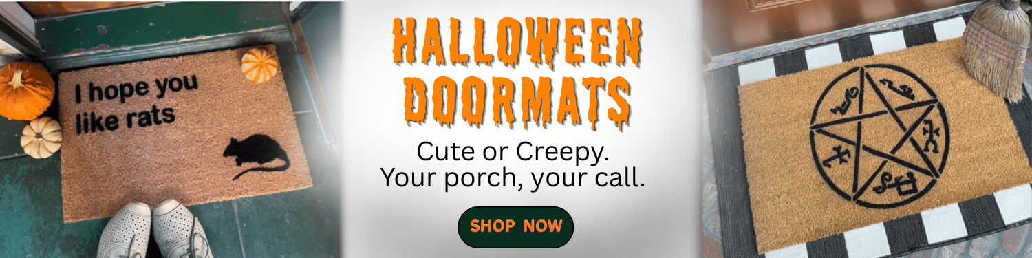 halloween door mats image with a "I hope you like rats" mat and a Supernatural pentagram spell doormat