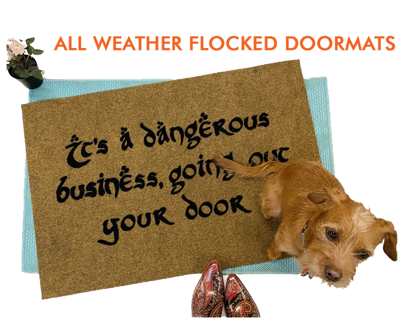 nerdy jrr tolkien quote from the hobbit "it's a dangerous business going out your door" on a doormat with a rescue terrier on top of it