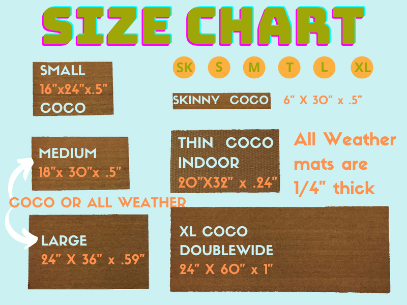 size chart for doormats from skinny 6" to double wide 60" doormats
