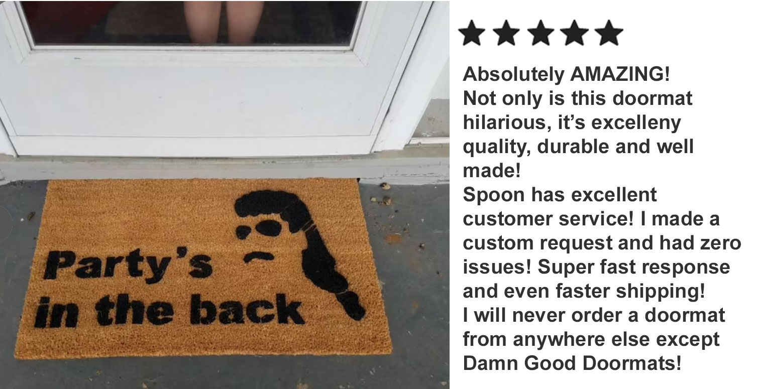 mullet doormat reading party's in the back with a 5 star review for Damn Good Doormats