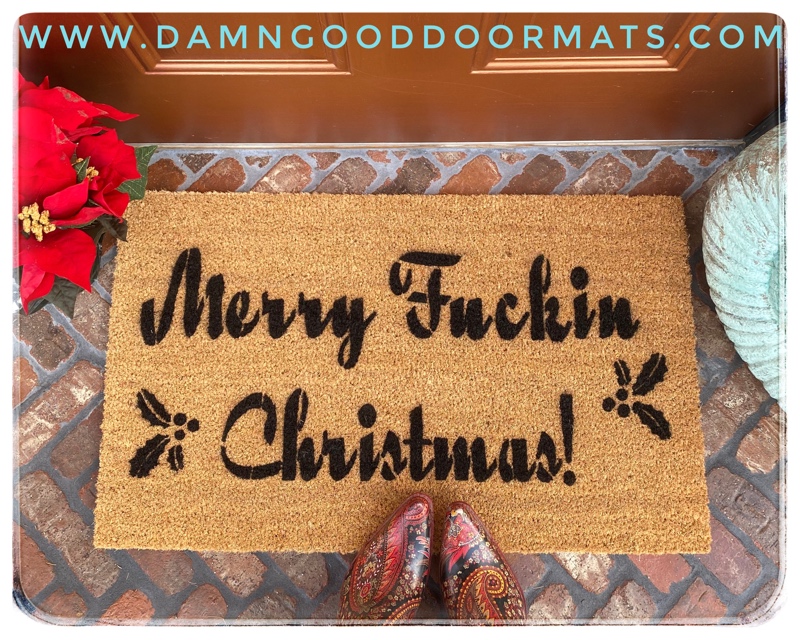 merry fucking christmas coir fiber doormat on a brick patio