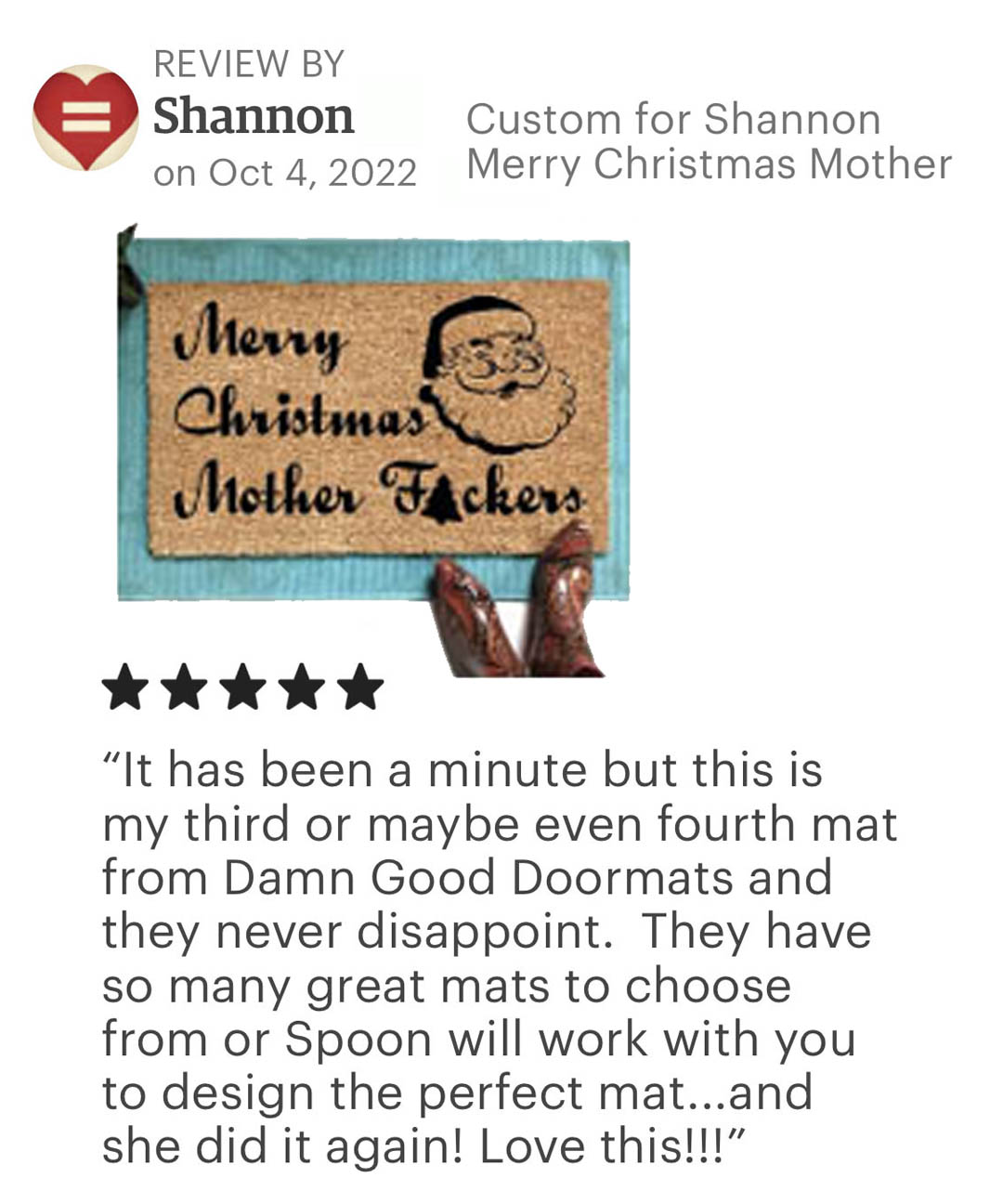 five star review for "Merry Christmas Motherfucker" doormat