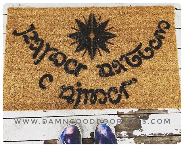 A Lord of the Rings themed coir welcome mat on a real front porch.