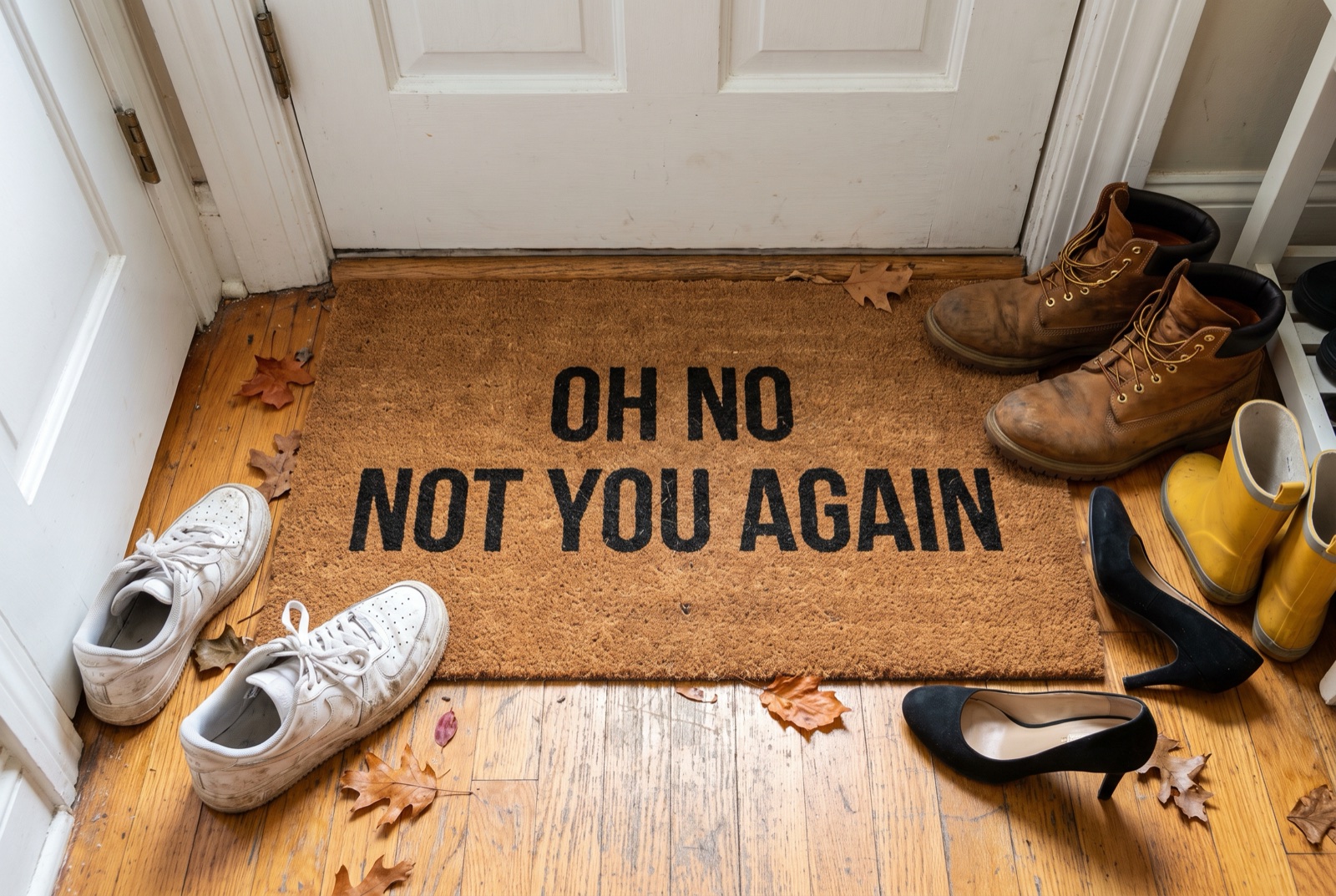 A sarcastic funny doormat at a doorway surrounded by guests' shoes.